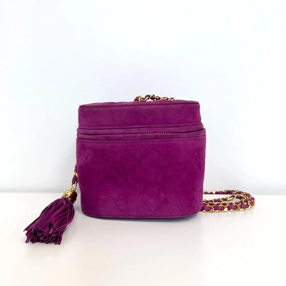 CHANEL Purple Vintage Tassel Chain Vanity Case Shoulder Bag Gold Logo Quilted